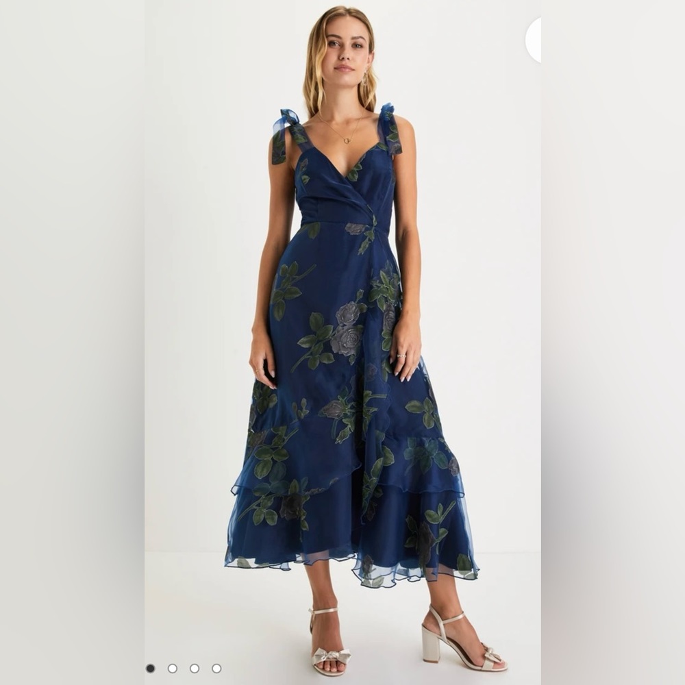 Precious Outlook Navy Blue Floral Tie-Strap Tiered Midi Dress